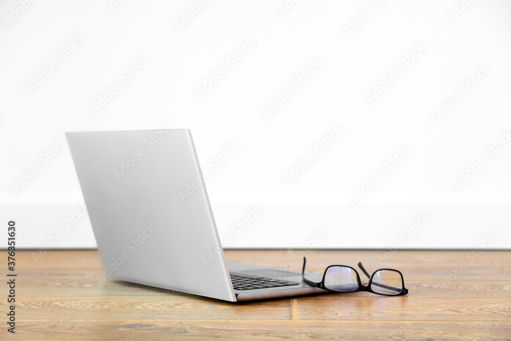 Mockup open notebook, black glasses, home office concept Mockup open notebook, black glasses, home office concept