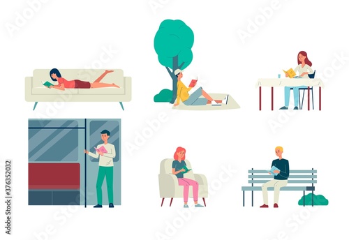 Set of characters literature fans a flat cartoon isolated vector illustrations