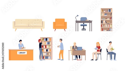 A set of isolated vector icons of various scenes in the public library