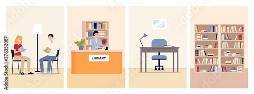 Set of vector cartoon flat illustrations of various scenes in the public library