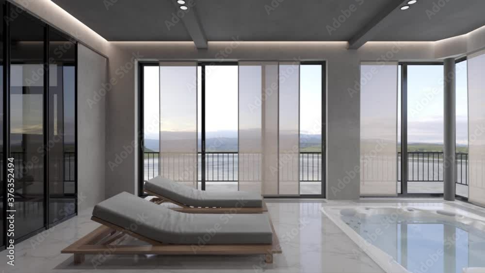 3D-Illustration. Сamera flies
through the room with sun loungers and jacuzzi 3D-Illustration. Сamera flies
through the room with sun loungers and jacuzzi
