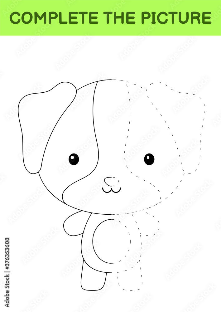 Complete the picture of cute dog. Coloring book. Copy picture. Handwriting practice, drawing skills training. Education developing printable worksheet. Activity page. Cartoon vector illustration. Complete the picture of cute dog. Coloring book. Copy picture. Handwriting practice, drawing skills training. Education developing printable worksheet. Activity page. Cartoon vector illustration.