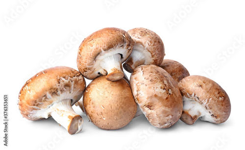 Raw mushrooms on white background