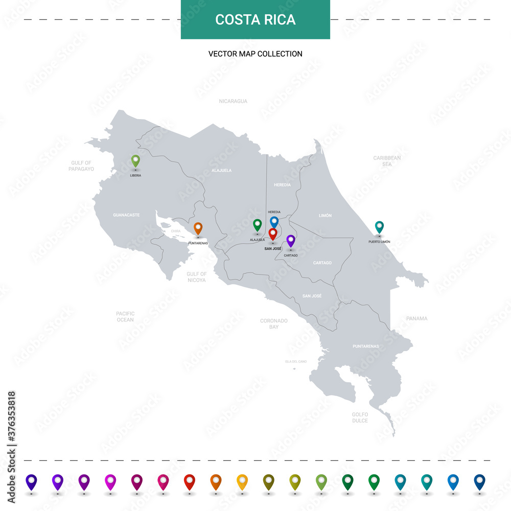Costa Rica map with location pointer marks. Infographic vector template, isolated on white background.