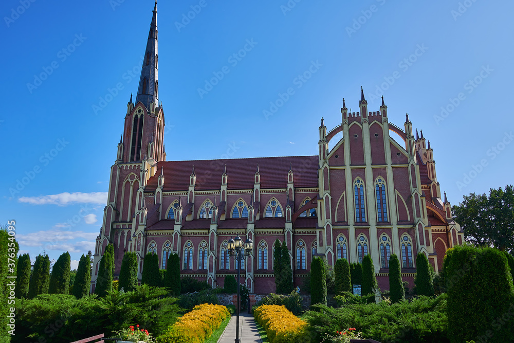 Obraz premium Belarus, Gervyaty August 2019. Brick Church of the Holy Trinity in the village of Gervyaty.