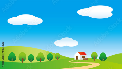 青空と丘に建つ一軒家のさわやかな風景のイラスト