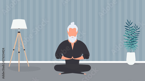 A man in a black kimono meditates. Kung Fu Master. The guy is doing yoga. Vector.