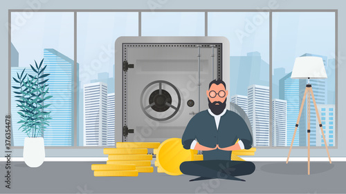 Sits in lotus position near the safe with gold coins. The concept of a successful business, deposits and income. Vector.