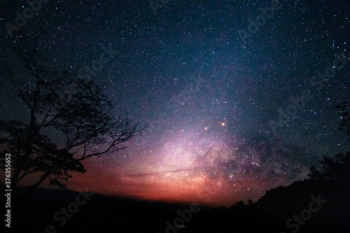 Milky Way Over mountains. Night landscape with colorful of Starry sky with hills at summer. Beautiful Universe. Space background.