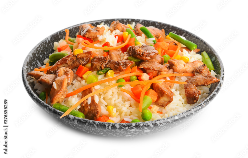 Bowl with tasty fried rice on white background Bowl with tasty fried rice on white background