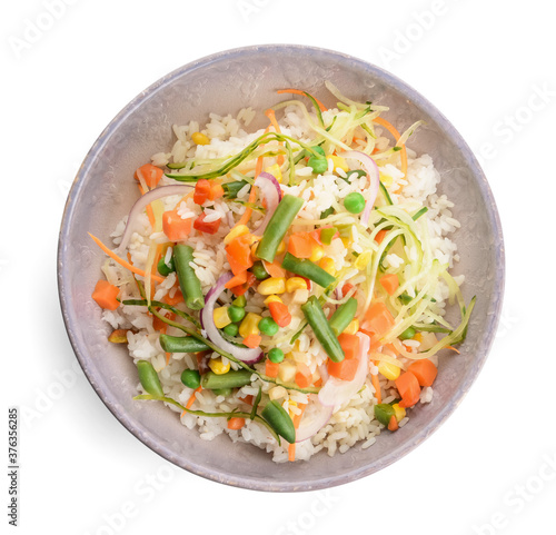 Bowl with tasty fried rice on white background