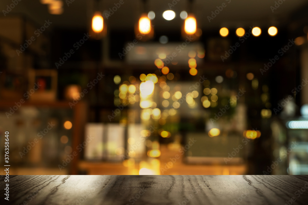 top of black table with blur light in pub or bar party night life background - obrazy, fototapety, plakaty 