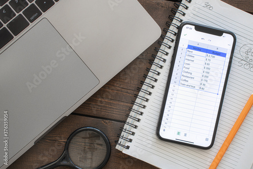 Obraz na plátne Smartphone with monthly budget list on wooden table
