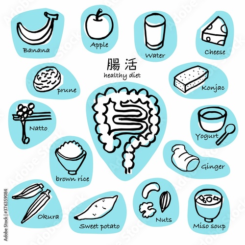 腸の動きを活発にしてくれる食べ物セット手書き線画　ブルー