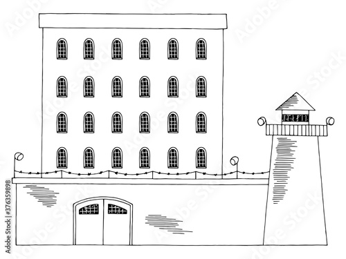 Prison exterior building front view graphic black white isolated sketch illustration vector