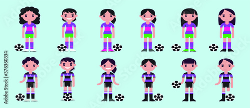 set of female football players cartoon icon design template with various models. vector illustration