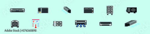 Air conditioner or air conditioning and air compressor part of hvac system vector icon set design isolated on blue