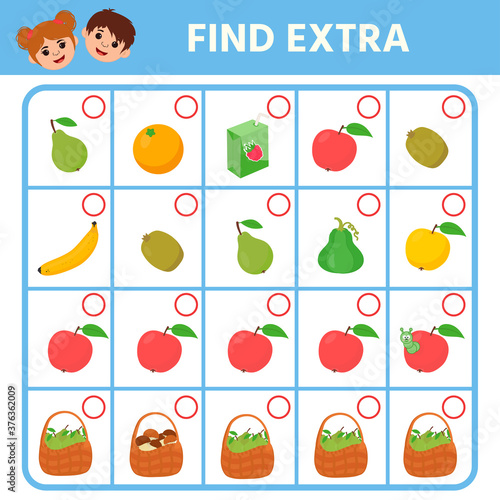 Education logic game for preschool kids. Find extra object in sequence row. Vegetables and fruits. Vector illustration.