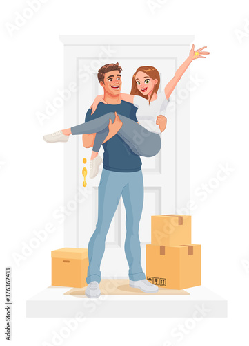 Man carrying woman at their new home. Isolated vector illustration.