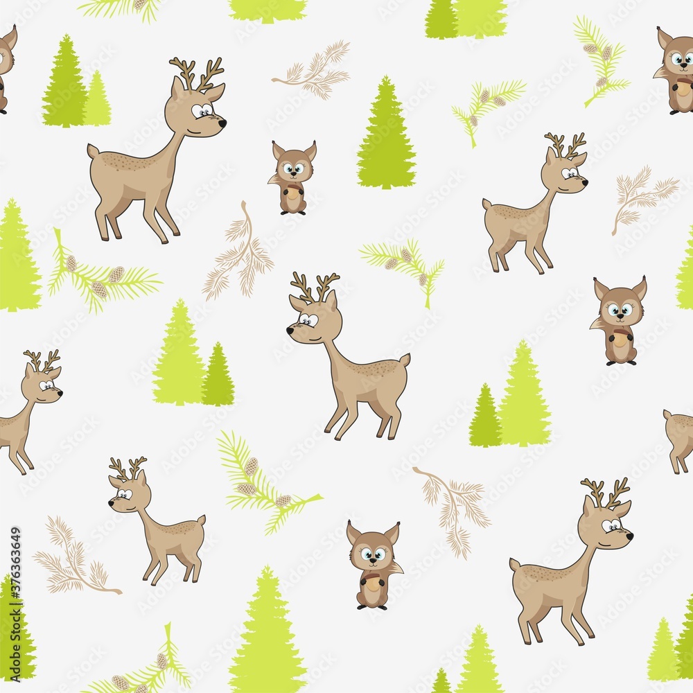 Seamless pattern with a fawn on a green forest background. Children's background with a deer for printing on clothing and fabric. Seamless pattern with a fawn on a green forest background. Children's background with a deer for printing on clothing and fabric.