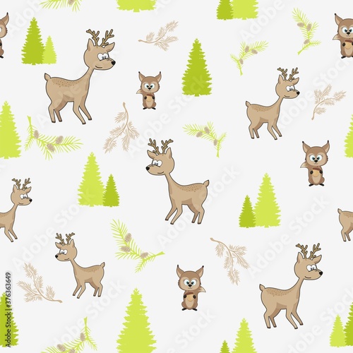 Seamless pattern with a fawn on a green forest background. Children's background with a deer for printing on clothing and fabric. © Dmitry