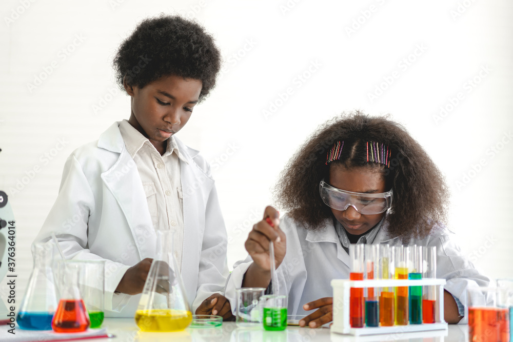 Two african american cute little boy and girl student child learning research and doing a chemical experiment while making analyzing and mixing liquid in test tube at science class on the table Two african american cute little boy and girl student child learning research and doing a chemical experiment while making analyzing and mixing liquid in test tube at science class on the table