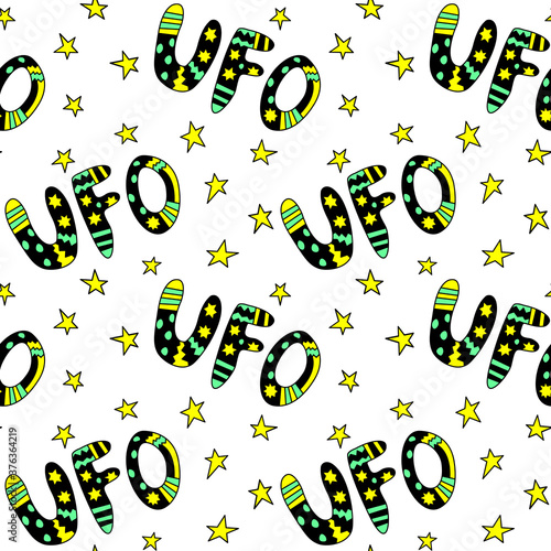 Vector color seamless pattern with the word UFO. Background and texture on the theme of space, UFOlogy, flying saucers, conspiracy