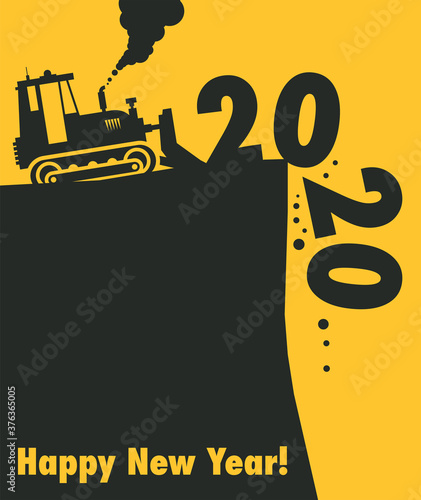 Tractor bulldozer at work on the construction site, Happy New Year 2020 card
