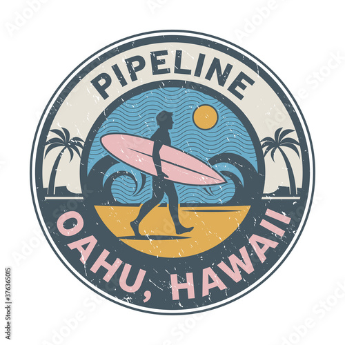 Pipeline, Oahu, Hawaii- surfer sticker, stamp or sign design
