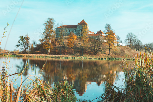 view of old european castle lake in front
