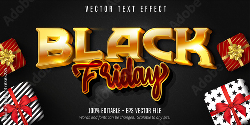 Black friday text, editable text effect. Black friday sale banner layout design template. Realistic gift boxes.