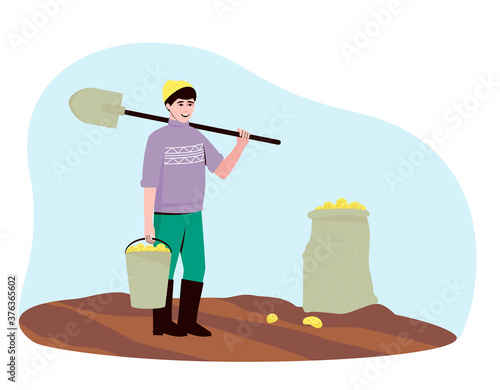 A farmer harvests potato tubers in the field. There are potatoes in the bucket and bag. A man stands with a shovel and a bucket of potatoes. Flat vector illustration.
