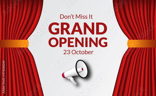 red curtain and 3d megaphone for grand opening