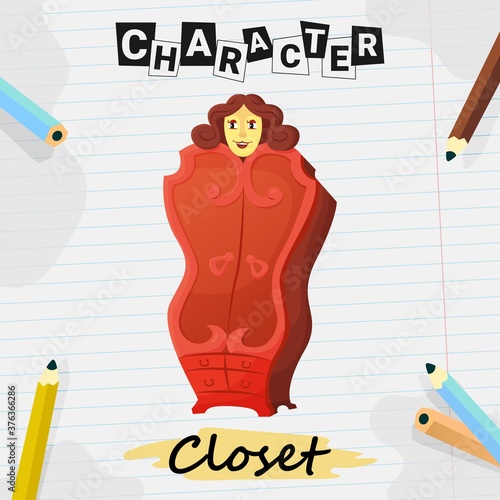 Cartoon character stylish closet with woman face