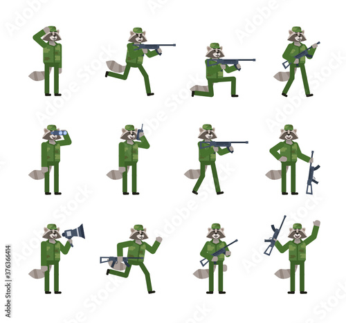 Set of raccoon soldier characters in camouflage uniform showing various actions. Simple design vector illustration