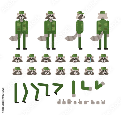 Raccoon character in green soldier uniform creation kit. Create your own pose, action, animation. Flat design vector illustration