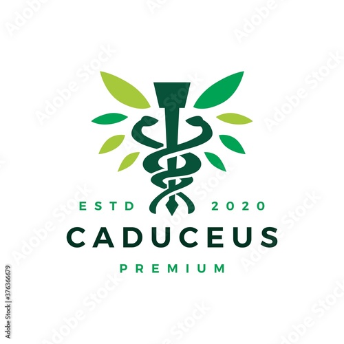 caduceus leaf snake logo vector icon illustration