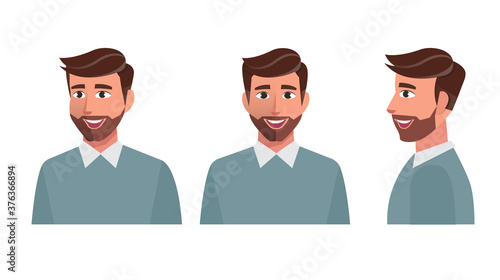 Face Cheerful bearded man wearing casual clothes.front, side., Vector eps10