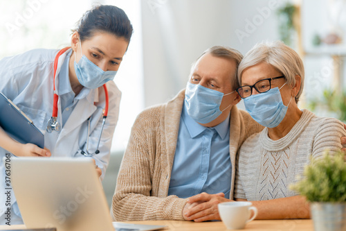 Doctor and senior couple wearing facemasks