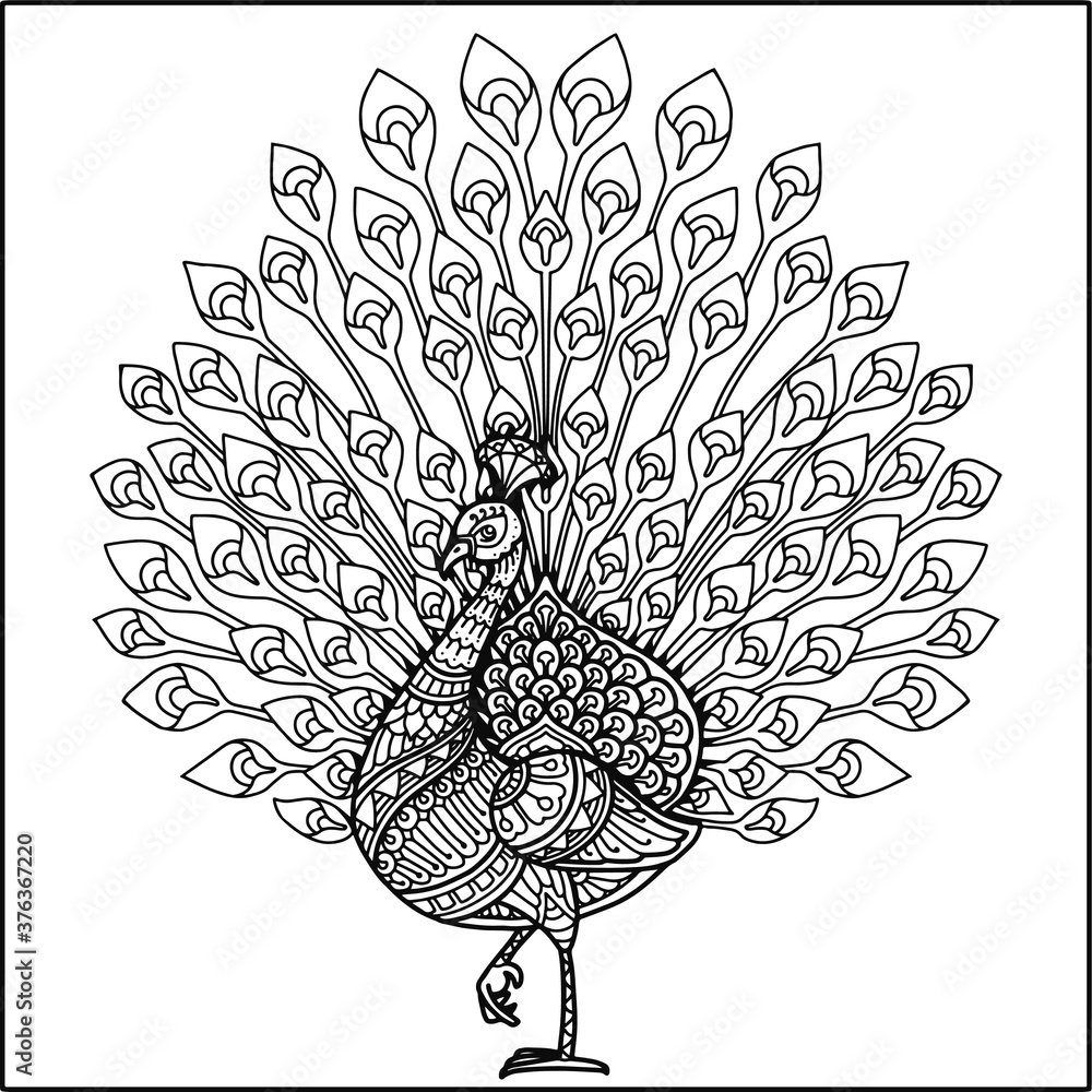 peacock mandala design for coloring page and tshirt print Stock Vector