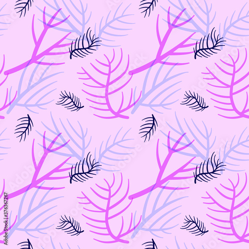 Seamless vector pattern with branches of coniferous plants in pastel colors.