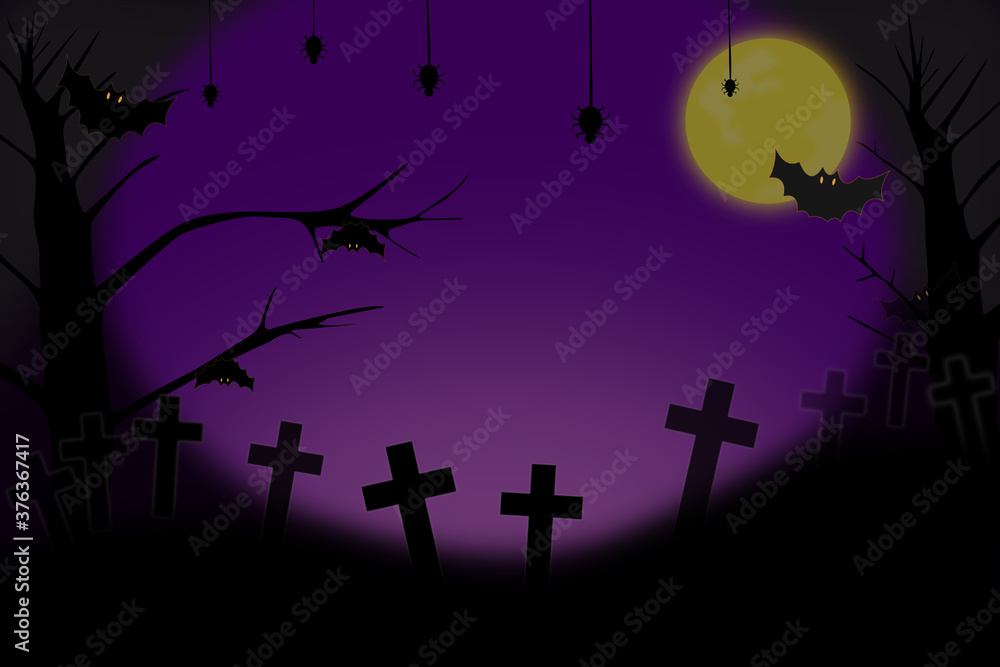 Halloween season. Full moon, bat, spider and cross on violet background. Night scene.