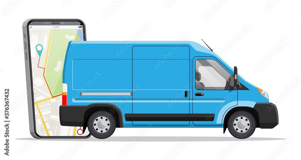 Blue delivery van and smartphone with navigation app. Express delivering services commercial truck. Concept of fast and free delivery by car. Cargo and logistic. Cartoon flat vector illustration Blue delivery van and smartphone with navigation app. Express delivering services commercial truck. Concept of fast and free delivery by car. Cargo and logistic. Cartoon flat vector illustration