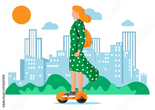 Young female character on self-balancing two wheeled battery-powered electric scooter. Woman riding hoverboard. Eco city transport. Ecological convenient urban transportation. Flat vector illustration