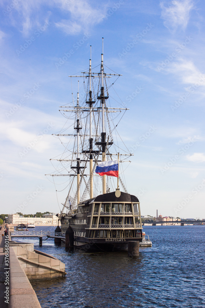View of an old ship on the Neva River, St. Petersburg. Russian culture