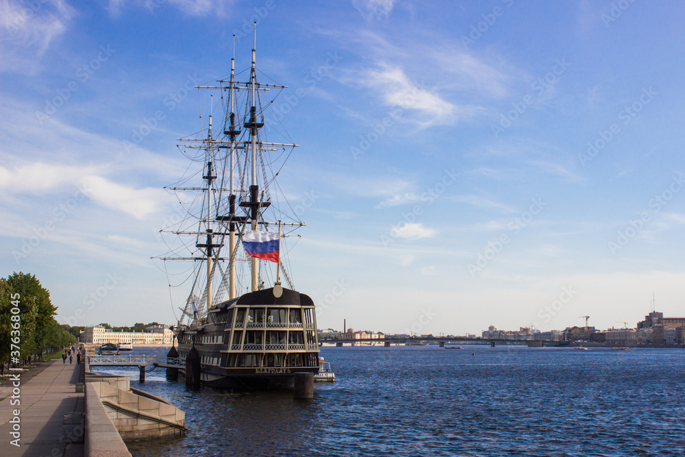 View of an old ship on the Neva River, St. Petersburg. Russian culture