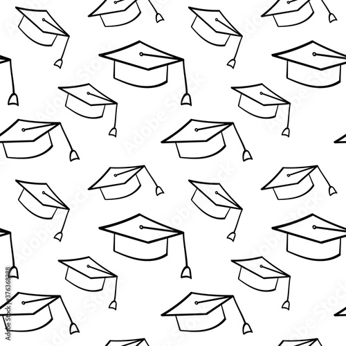 Graduate cap seamless pattern. Outline hand drawn objects on white background. Vector illustration.