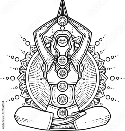 mandala design coloring page and t-shirt print yoga concept.