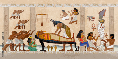 Ancient Egypt. Mummification process. Concept of a next world. Hieroglyphic carvings. History wall painting, tomb King Tutankhamun. Anubis and pharaoh sarcophagus. Egyptian gods, mythology