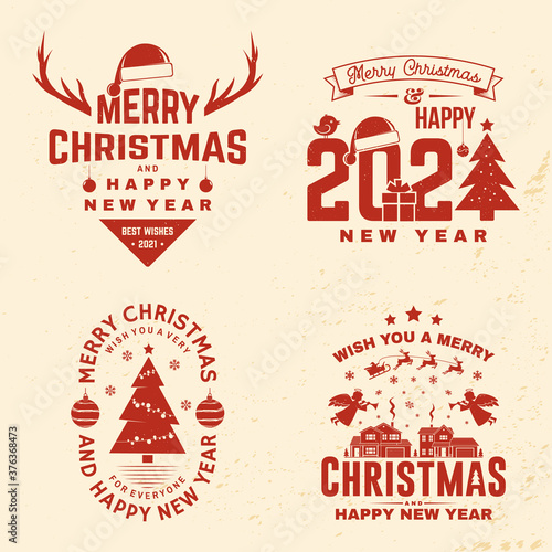 Set of Merry Christmas and Happy New Year stamp  sticker Set quotes with snowflakes  snowman  elk  sweet candy  angels  santa claus. Vector. Vintage typography design for xmas  new year emblem